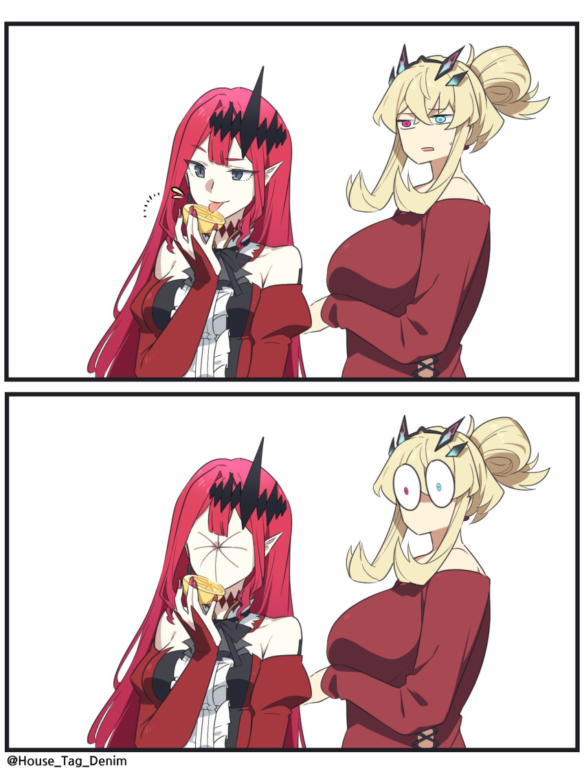 2girls, baobhan_sith_(fate), baobhan_sith_(first_ascension)_(fate), barghest_(like_a_lady)_(fate), blonde_hair, breasts, detached_sleeves, dress, fate/grand_order, fate_(series), food, fruit, grey_eyes, heterochromia, highres, holding, holding_food, holding_fruit, house_tag_denim, large_breasts, lemon, lemon_slice, licking, long_hair, looking_at_another, meme, multiple_girls, nail_polish, open_mouth, pale_skin, pointy_ears, red_dress, red_nails, red_shirt, redhead, shirt, sour_(taste), surprised, tongue, tongue_out, twitter_username, white_background, wide-eyed