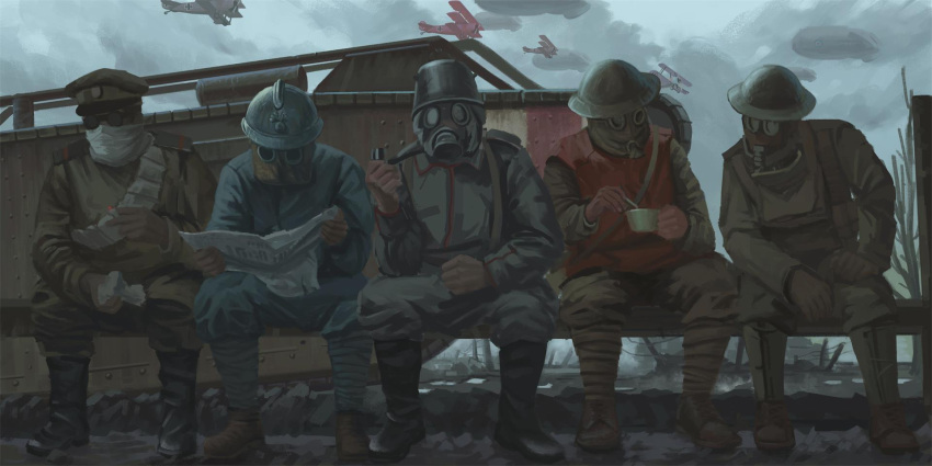 aircraft, airplane, ankle_boots, bandolier, bench, biplane, boots, cigarette, clouds, cup, dark, dirigible, gaiters, gas_mask, gloves, goggles, hat, helmet, highres, holding, holding_cup, holding_newspaper, mask, military_uniform, military_vehicle, motor_vehicle, newspaper, original, outdoors, peaked_cap, puttee, reading, shouhui_lang_qun, sitting, sky, soldier, tank, teacup, triplane, uniform, vest, war, world_war_i
