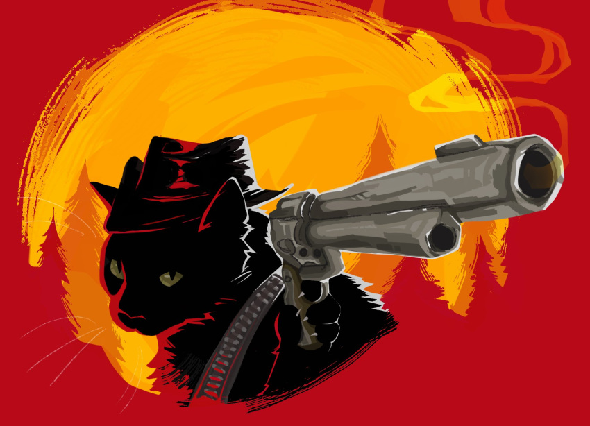 bandolier, black_cat, bullet, cat, claws, cowboy_hat, gun, hat