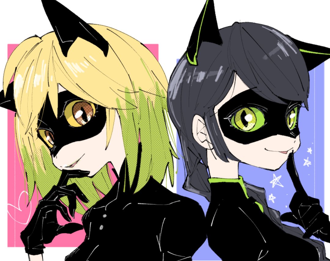 2girls, animal_ears, black_bodysuit, black_gloves, black_hair, black_mask, blonde_hair, blue_background