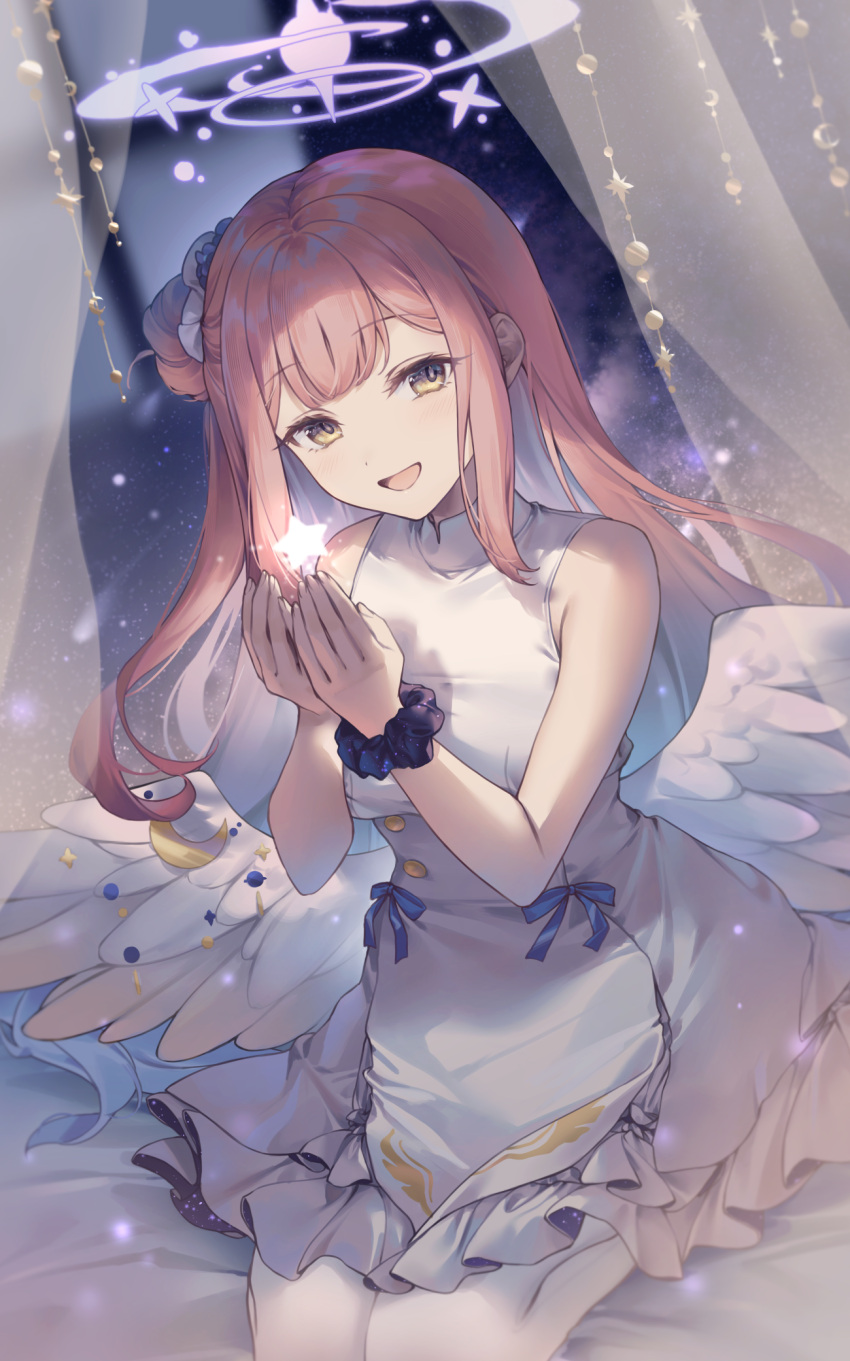 1girl, angel_wings, black_scrunchie, blue_archive, blunt_bangs, blush, breasts, curtains