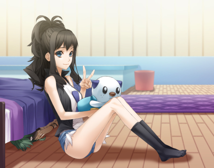 1girl, bed, black_hair, blue_eyes, denim, denim_shorts, feet, green_hair