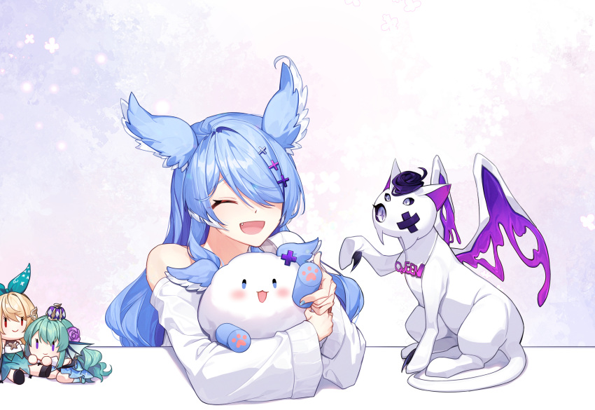 3girls, :d, aqua_hair, blonde_hair, blue_hair, blue_nails, blush, bow