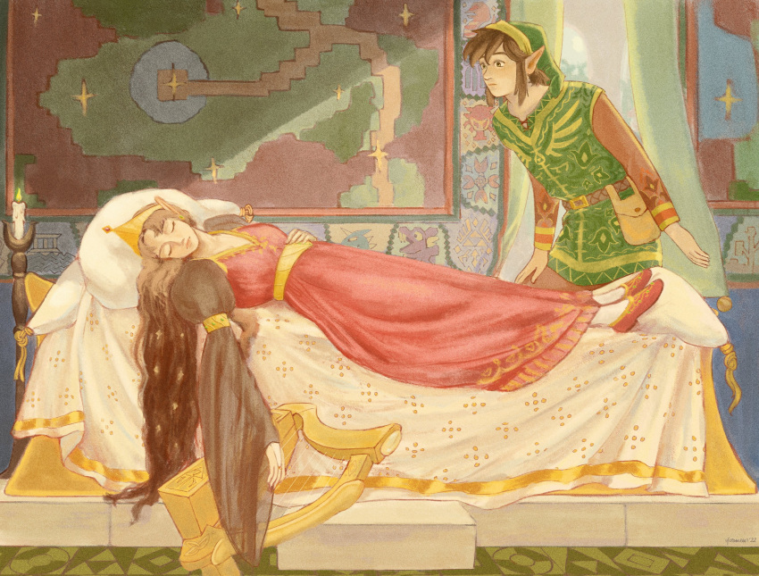 1boy, 1girl, adapted_costume, bag, brown_hair, brown_shirt, candle, closed_eyes, closed_mouth, commentary, crown, curtains, dress, english_commentary, fine_art_parody, green_hat, green_tunic, harp, hat, highres, instrument, link, long_dress, lying, manhandla, map, octorok, on_back, parody, pillow, pointy_ears, princess_zelda, puffy_sleeves, red_dress, red_footwear, rope_(zelda), satchel, shirt, signature, sleeping, socks, tassel, the_legend_of_zelda, white_socks, yasmeen, zelda_ii:_the_adventure_of_link