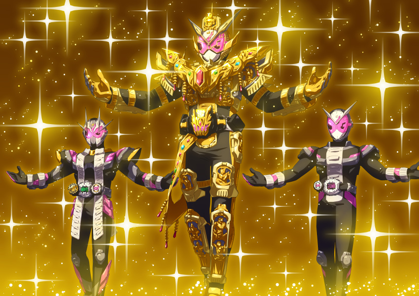 2018, 2019, 3boys, absurdres, alternate_costume, apocalypse, arm_up, armor