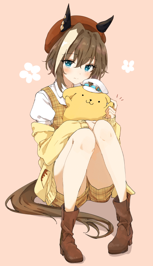1girl, animal_ears, beret, blue_eyes, brown_footwear, brown_hair, cheval_grand_(umamusume), ears_through_headwear