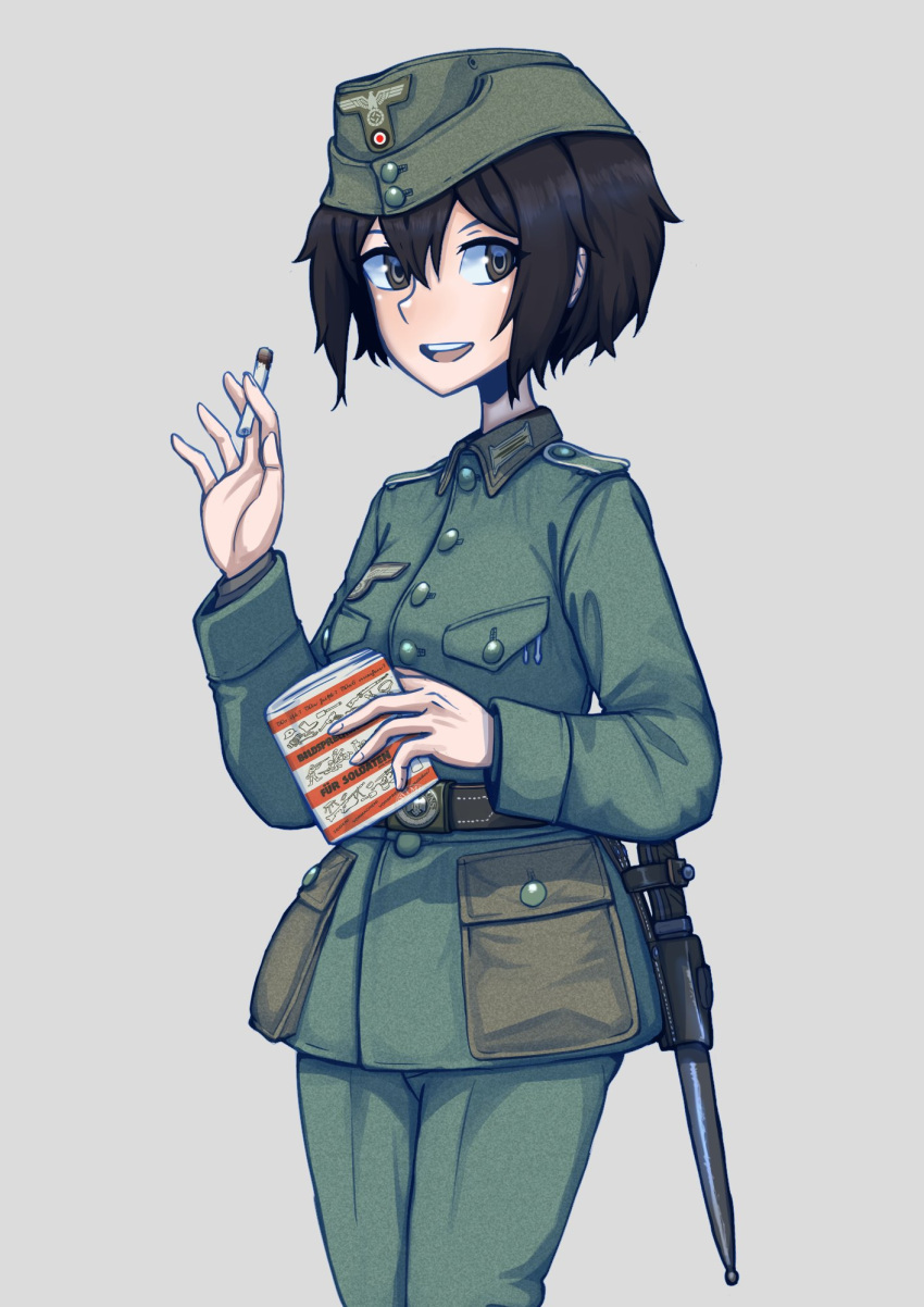 1girl, belt, between_fingers, black_hair, book, breast_pocket, brown_belt, buttons, censored, censored_symbol, cigarette, cockade, collared_jacket, commentary, cowboy_shot, dagger, erica_(naze1940), garrison_cap, german_commentary, green_eyes, green_hat, green_jacket, green_pants, grey_background, hat, highres, holding, holding_book, holding_cigarette, jacket, knife, load_bearing_equipment, long_sleeves, looking_at_viewer, looking_to_the_side, military_hat, military_jacket, military_uniform, open_mouth, original, pants, patch, pocket, reichsadler, sheath, sheathed, short_hair, simple_background, solo, teeth, uniform, upper_teeth_only, weapon, wehrmacht, world_war_ii