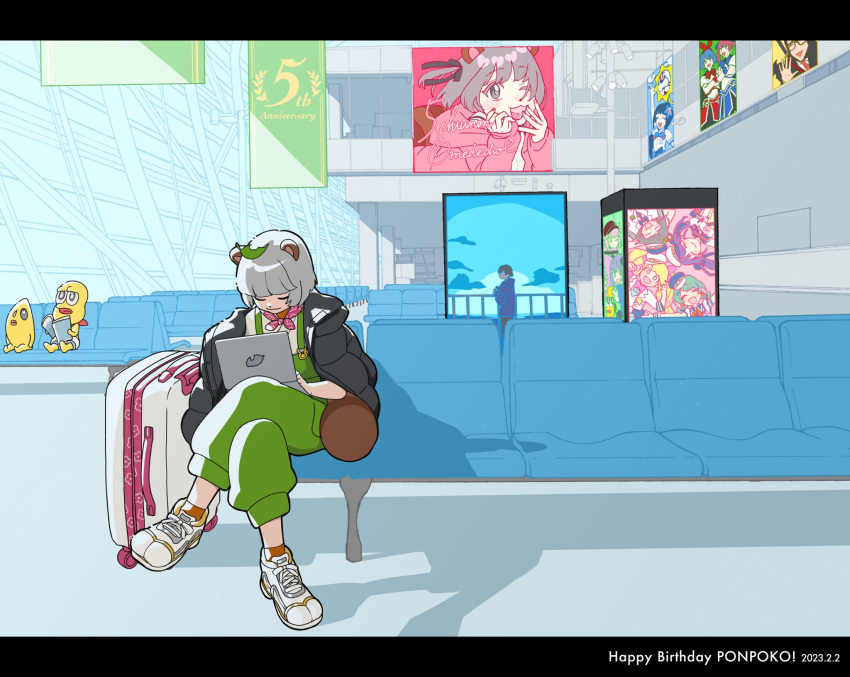1girl, 3boys, airport, animal_ears, animal_nose, anniversary, aoi_ch., bald