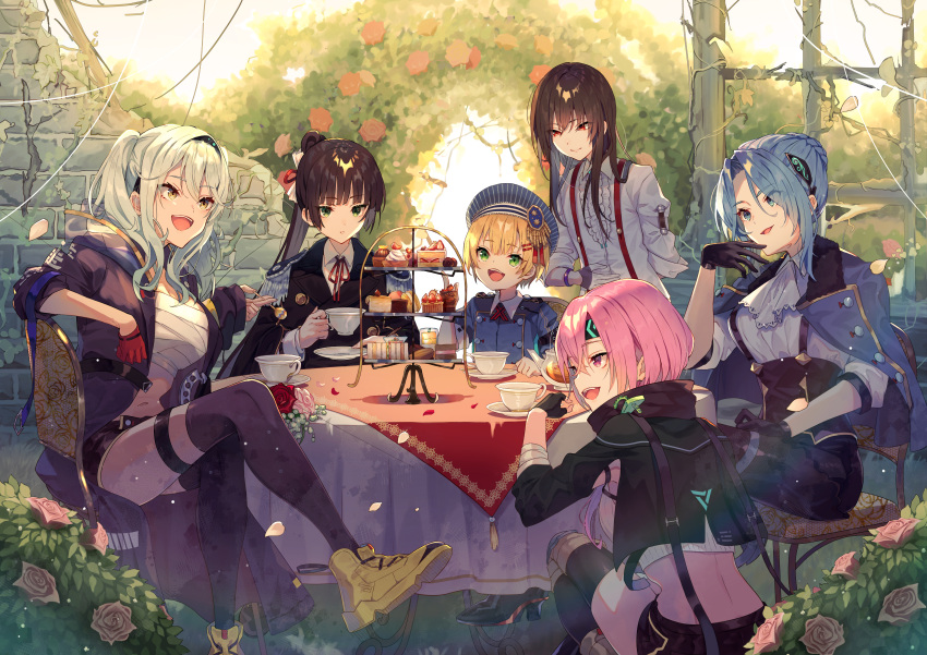 6+girls, absurdres, black_gloves, black_hair, black_jacket, black_thighhighs, blonde_hair, blue_eyes