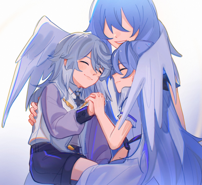 1boy, 2girls, aged_down, black_bow, black_shorts, bow, brother_and_sister, child