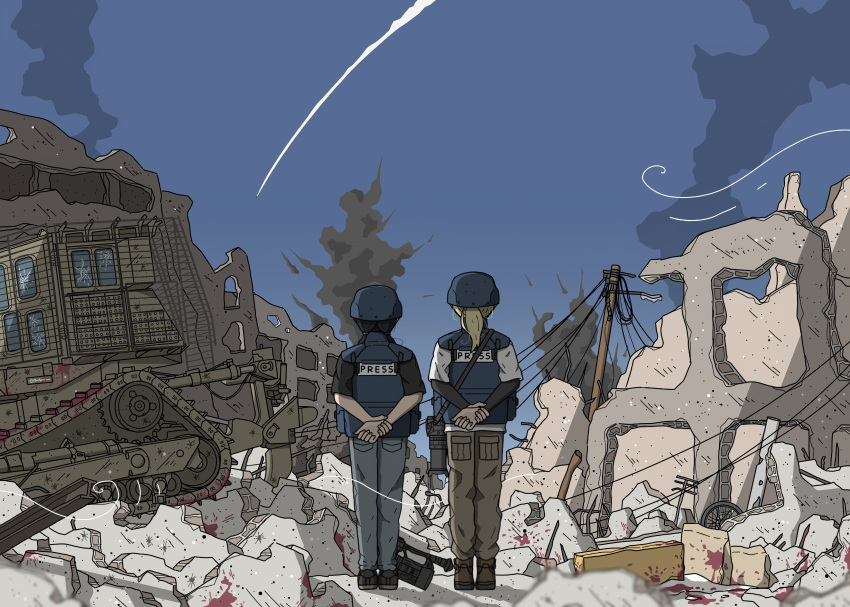 2girls, absurdres, black_hair, blonde_hair, blood, bullet_hole, chito_(shoujo_shuumatsu_ryokou), combat_helmet