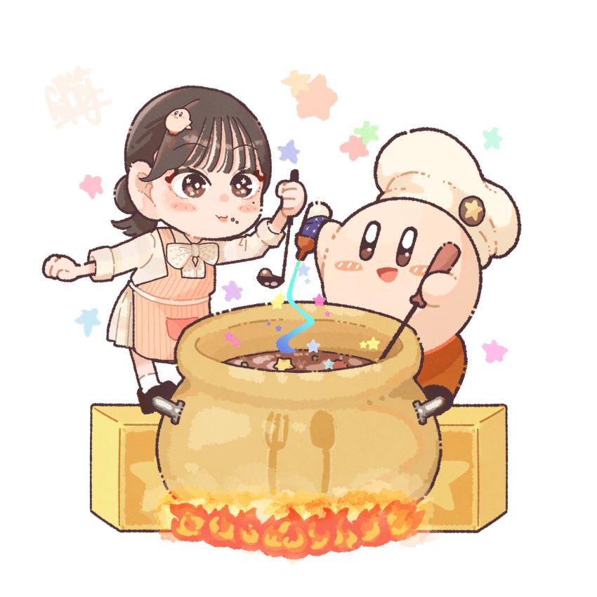 1girl, blush, brown_eyes, brown_hair, chibi, cooking_pot, hat, highres