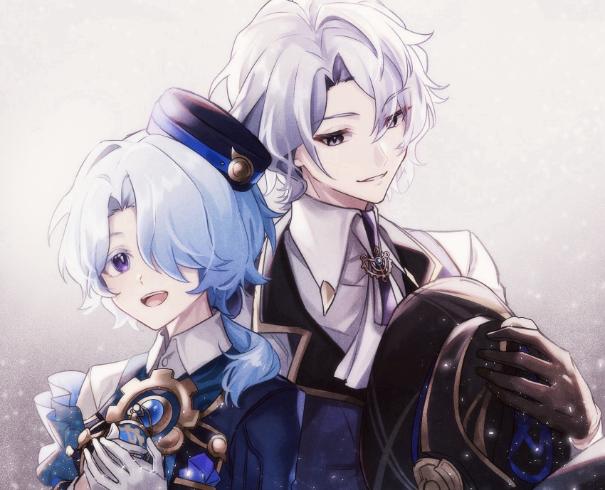 2boys, asymmetrical_sleeves, black_bow, black_gloves, black_hat, blue_coat, blue_hair, blue_vest