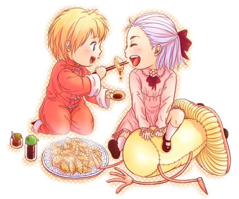 blonde_hair, blue_eyes, blush, chopsticks, dorohedoro, eating, feeding, food, forehead, fuumiko, mushroom, nikaido, noi_(dorohedoro), soy_sauce, stuffed_toy, yakumo_(dorohedoro), young