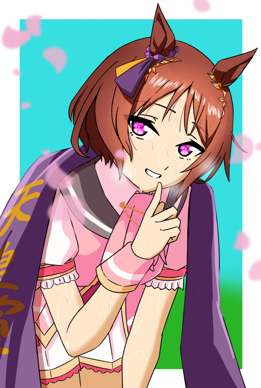1girl, absurdres, animal_ears, benjamin_(user_cajx4852), brown_hair, flower_in_eye, highres, horse_ears
