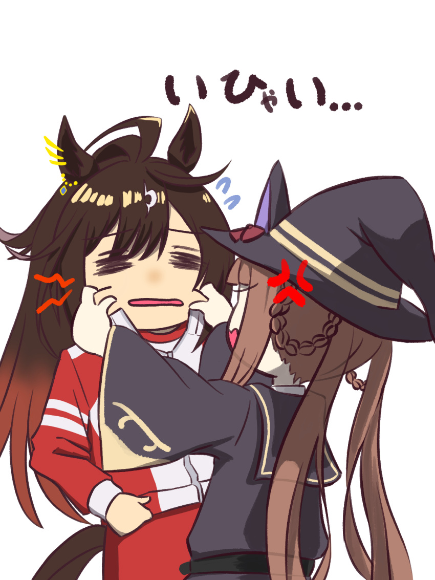 2girls, =_=, anger_vein, animal_ears, benjamin_(user_cajx4852), black_robe, braided_hair_rings, brown_hair