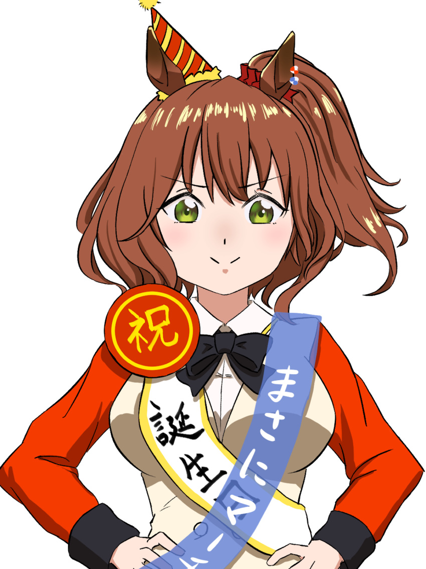 1girl, :>, animal_ears, aston_machan_(umamusume), benjamin_(user_cajx4852), breasts, brown_hair, crown