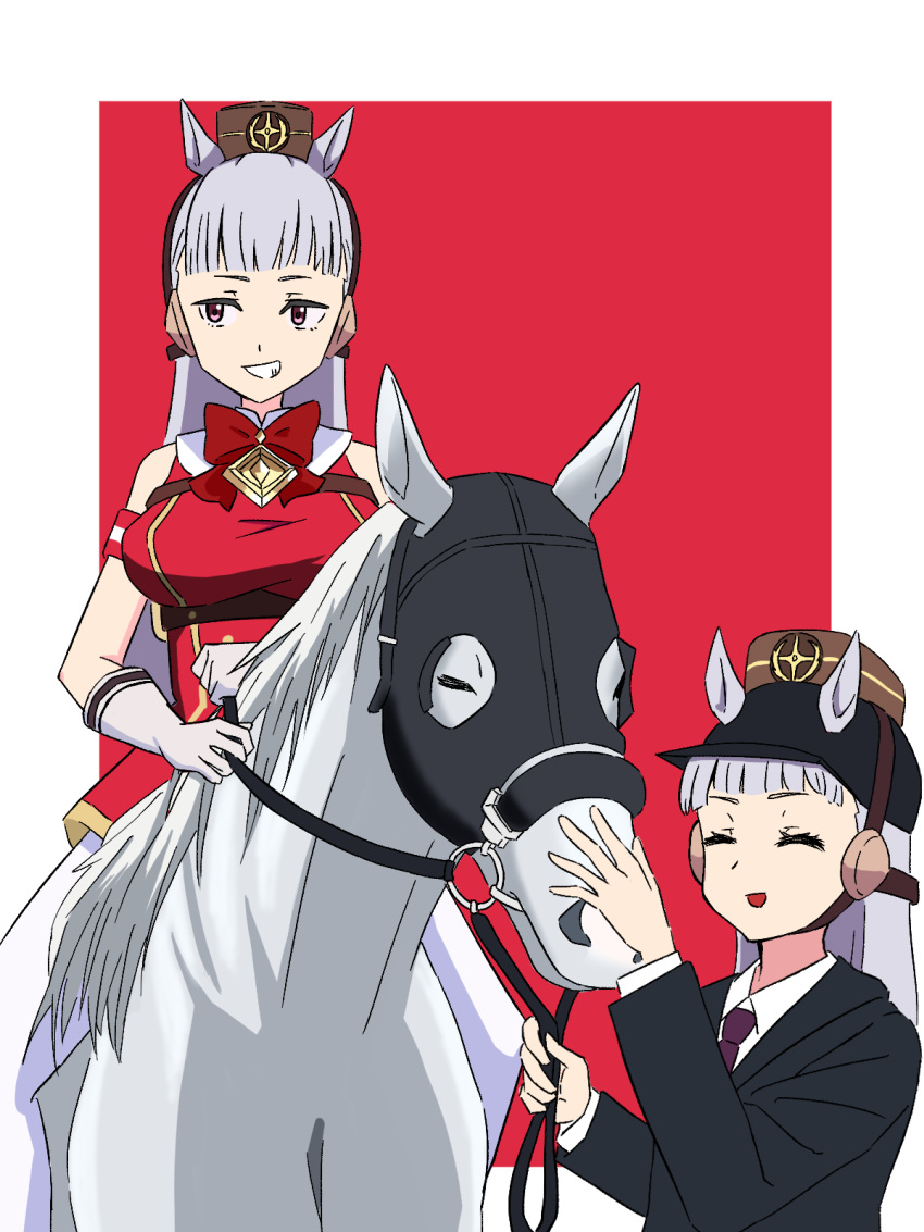 =_=, animal_ears, benjamin_(user_cajx4852), black_helmet, black_jacket, blunt_bangs, bow, bowtie
