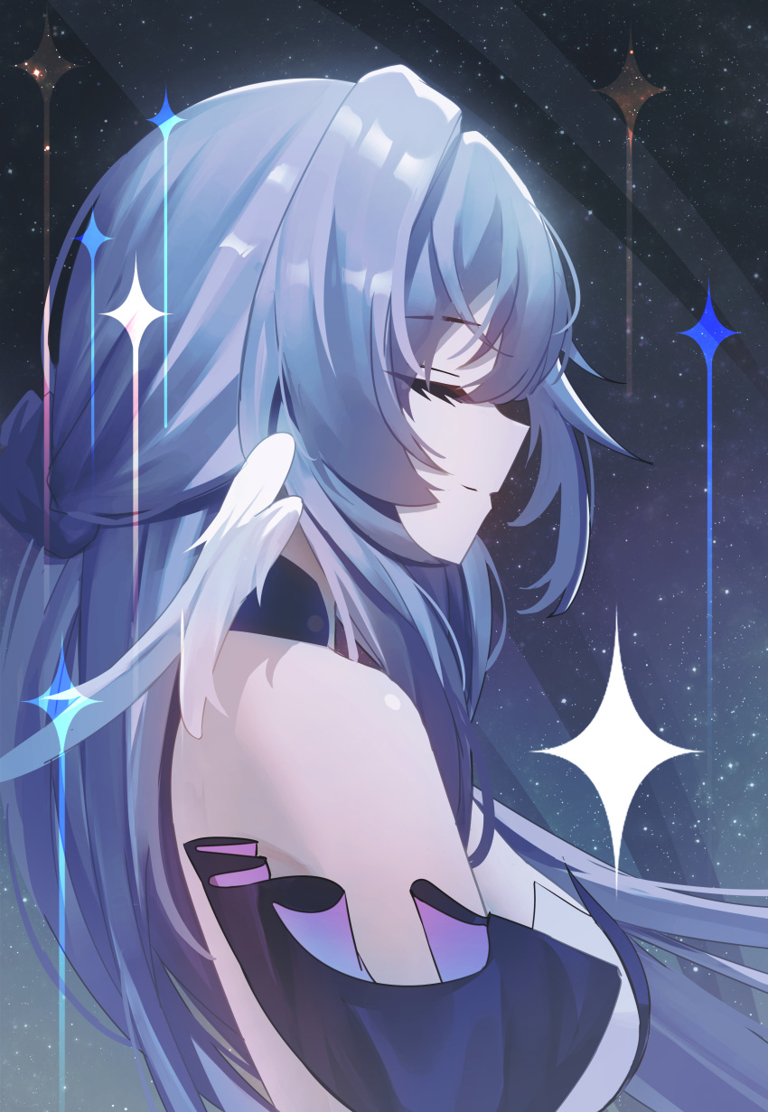 1girl, absurdres, bare_shoulders, closed_eyes, closed_mouth, detached_sleeves, dress, facing_to_the_side