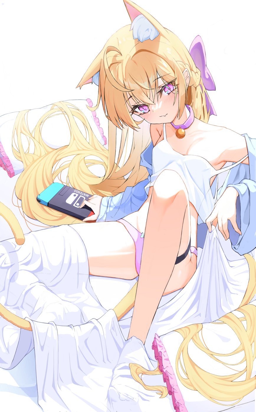 animal_ears, bare_shoulders, blonde_hair, cat_ears, cat_girl, cat_tail, highres, mocha_kura, nintendo, nintendo_switch, original, panties, pink_eyes, pink_panties, tail, thigh_strap, thighs, underwear