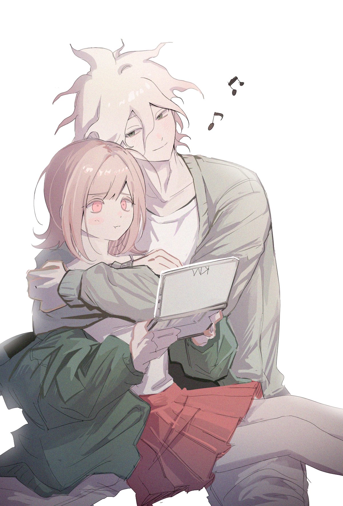 1boy, 1girl, ahoge, brown_hair, danganronpa_(series), danganronpa_2:_goodbye_despair, green_jacket, grey_hair