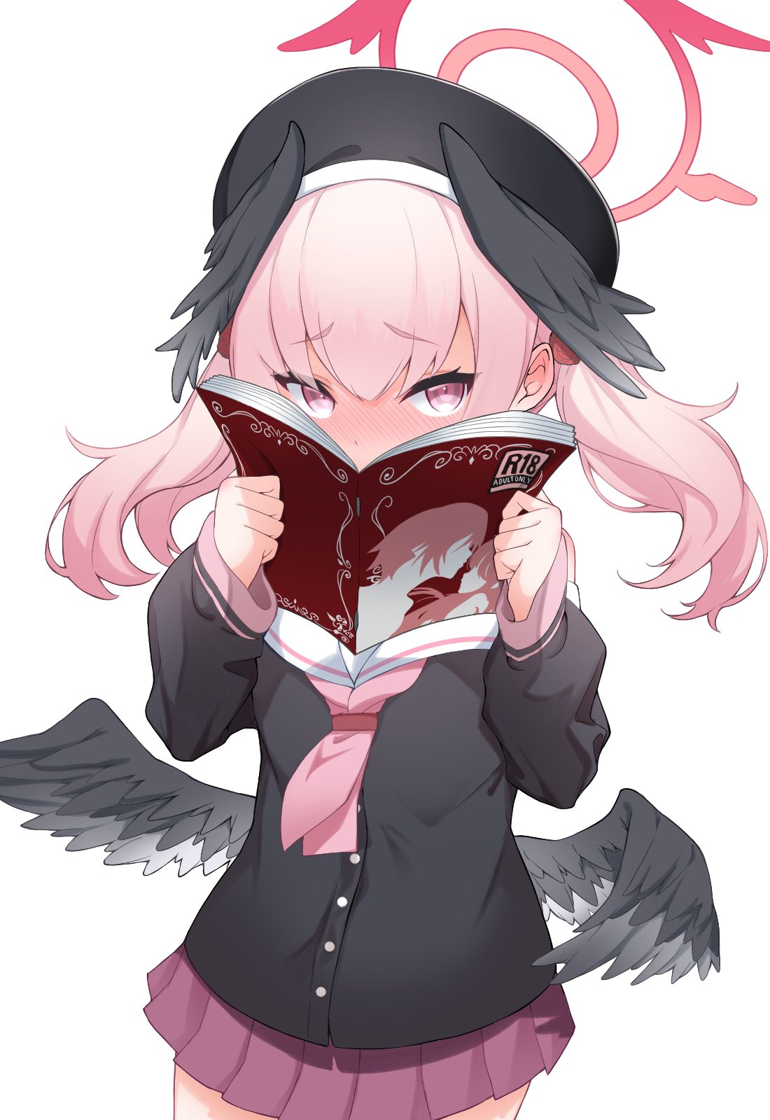 1girl, beret, black_hat, black_jacket, black_wings, blue_archive, blush, book