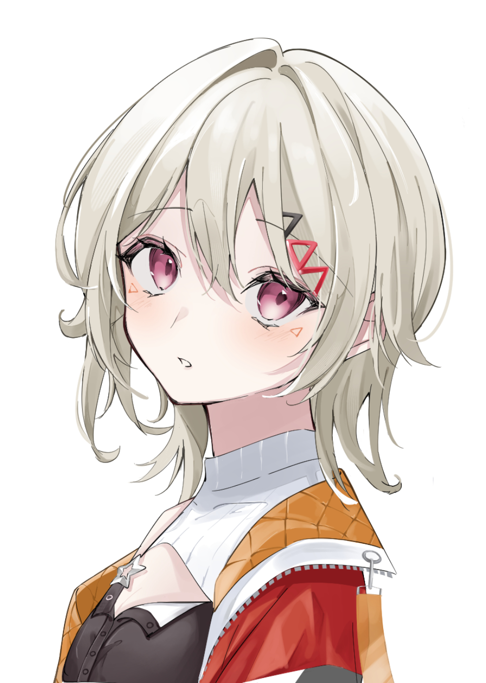 black_shirt, blush, buttons, cleavage_cutout, clothing_cutout, commentary, grey_hair, hair_ornament, hairclip, highres, jacket, komori_met, multicolored_clothes, multicolored_jacket, open_clothes, open_jacket, open_mouth, orange_jacket, partially_unbuttoned, qf_ivi, red_jacket, ribbed_shirt, shirt, simple_background, single_bare_shoulder, symbol-only_commentary, triangle_facial_mark, violet_eyes, virtual_youtuber, vspo!, white_background, white_shirt, zipper