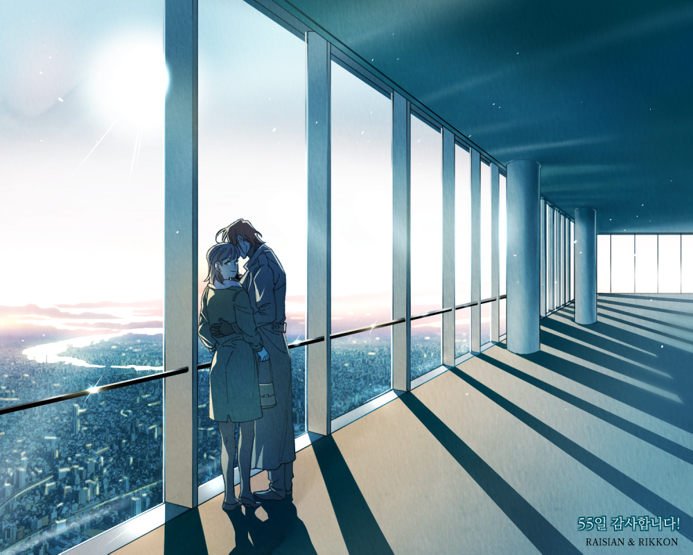 1boy, 1girl, 5altybitter5, blue_jacket, building, cityscape, closed_mouth, coat