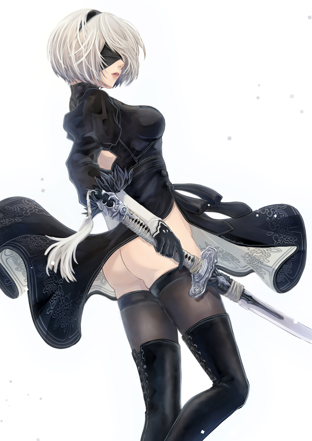 1girl, 2b_(nier:automata), ass, black_blindfold, black_dress, black_hairband, blindfold, boots