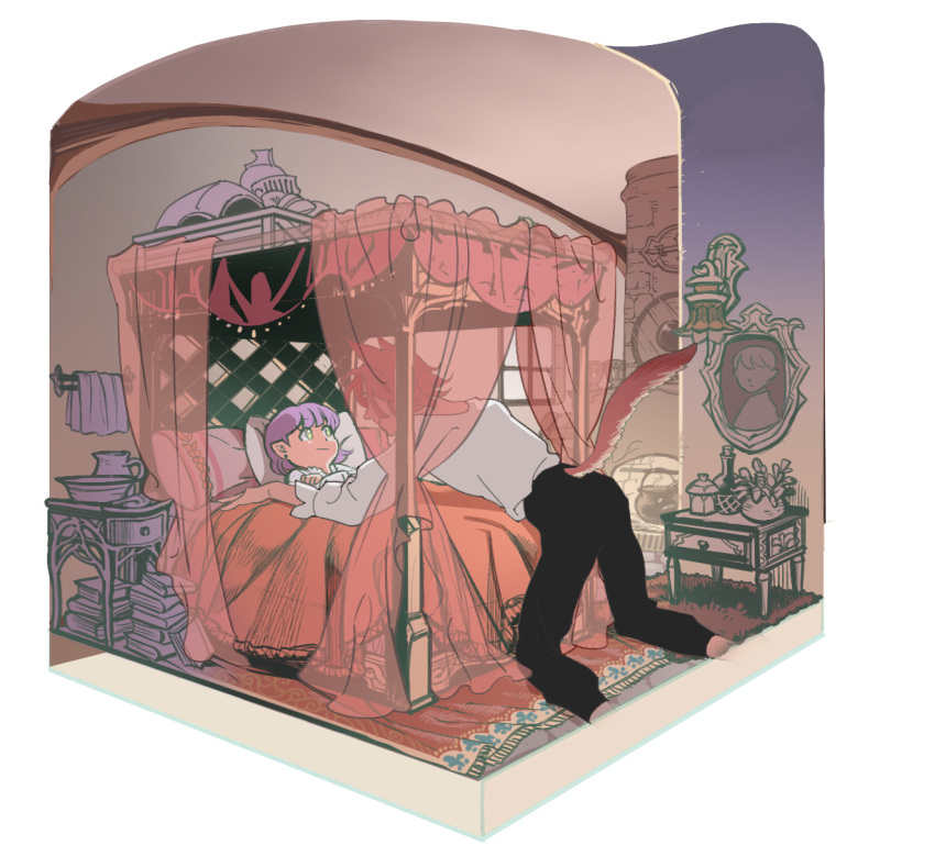 1boy, 1girl, 5altybitter5, animal_ears, bed, black_pants, canopy_bed, cat_ears