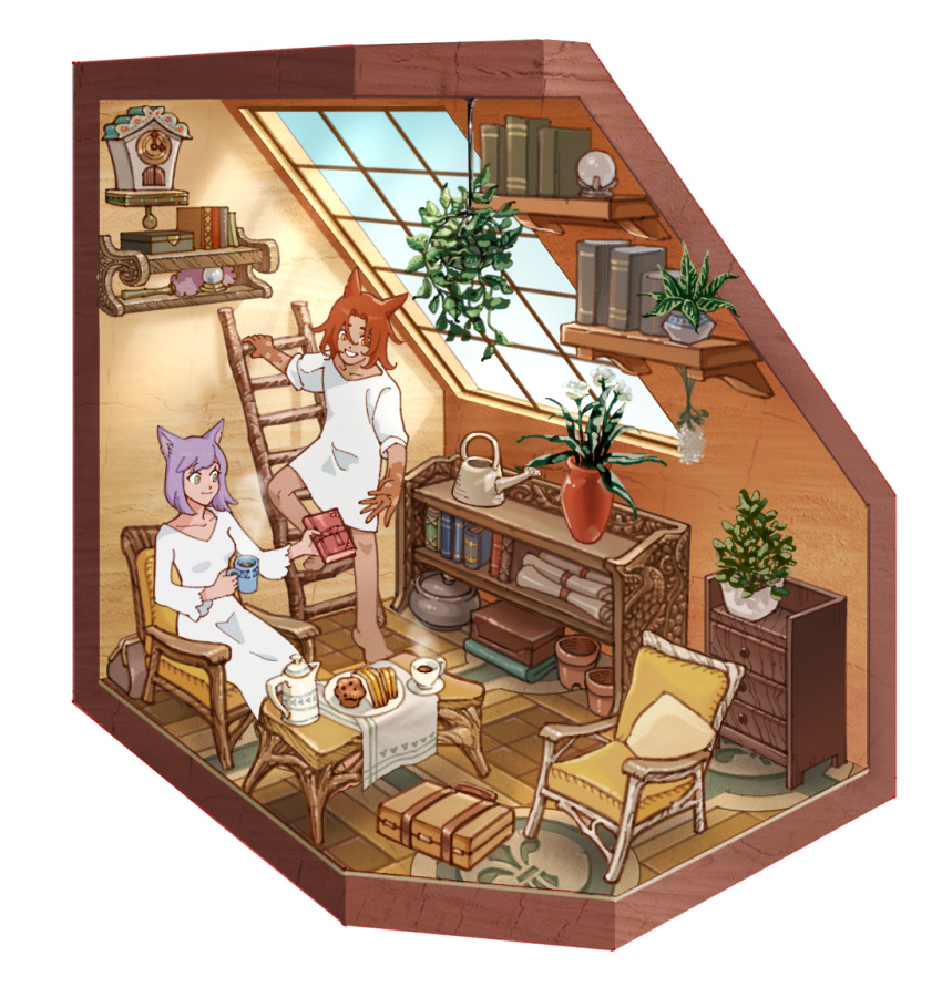1boy, 1girl, 5altybitter5, animal_ears, armchair, book, brown_eyes, cabinet