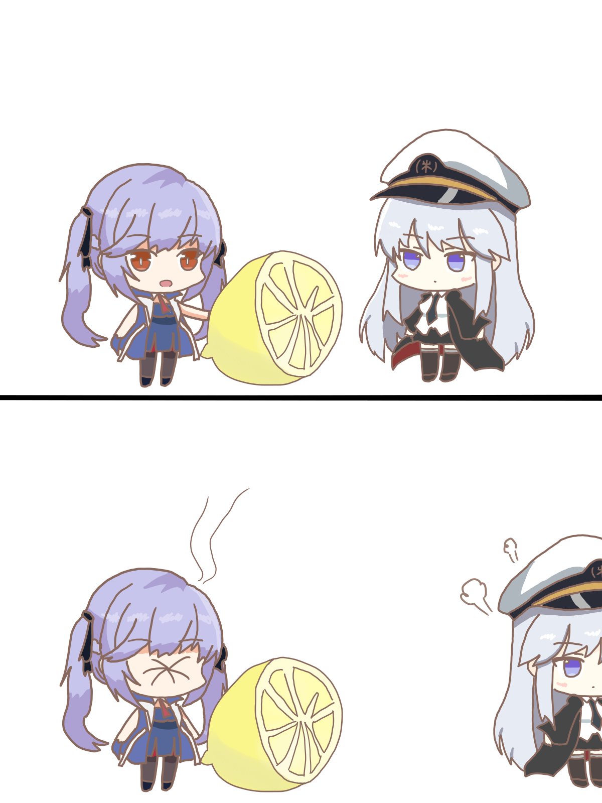 2girls, azur_lane, blue_eyes, brown_hair, chibi, enterprise_(azur_lane), essex_(azur_lane), food