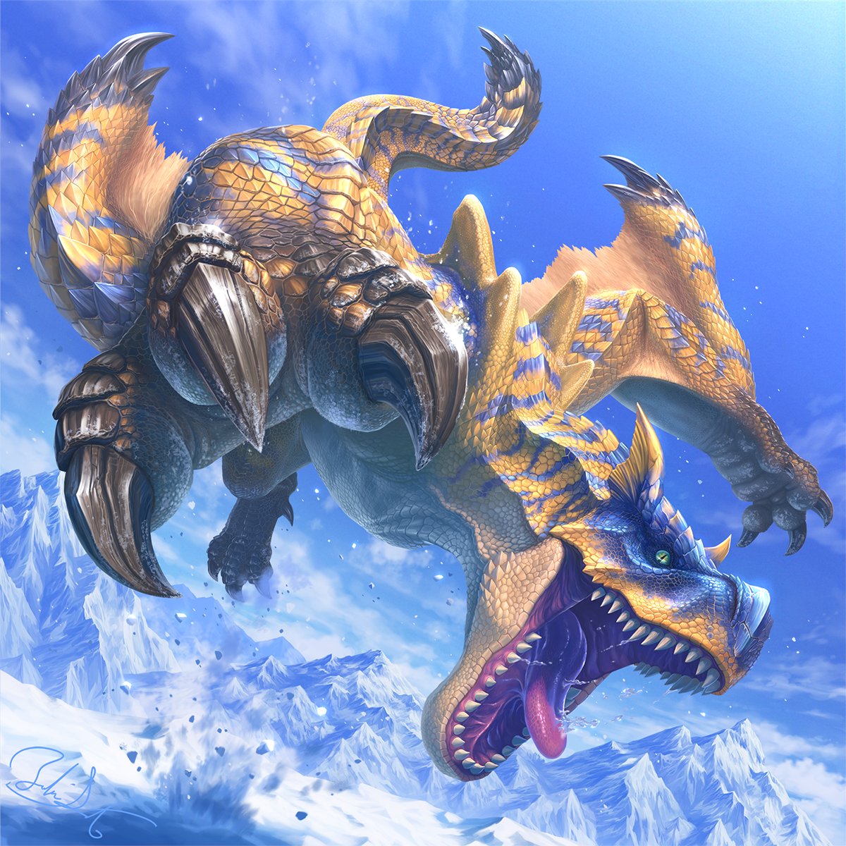 animal_focus, blue_sky, claws, clouds, commentary, day, dragon, fins, foreshortening, full_body, green_eyes, head_fins, highres, jumping, looking_at_viewer, masterpiecegold, midair, monster, monster_hunter_(series), mountain, no_humans, open_mouth, outdoors, realistic, scales, sharp_teeth, signature, sky, slit_pupils, snow, solo, tail, teeth, tigrex, tongue, wings, wyvern