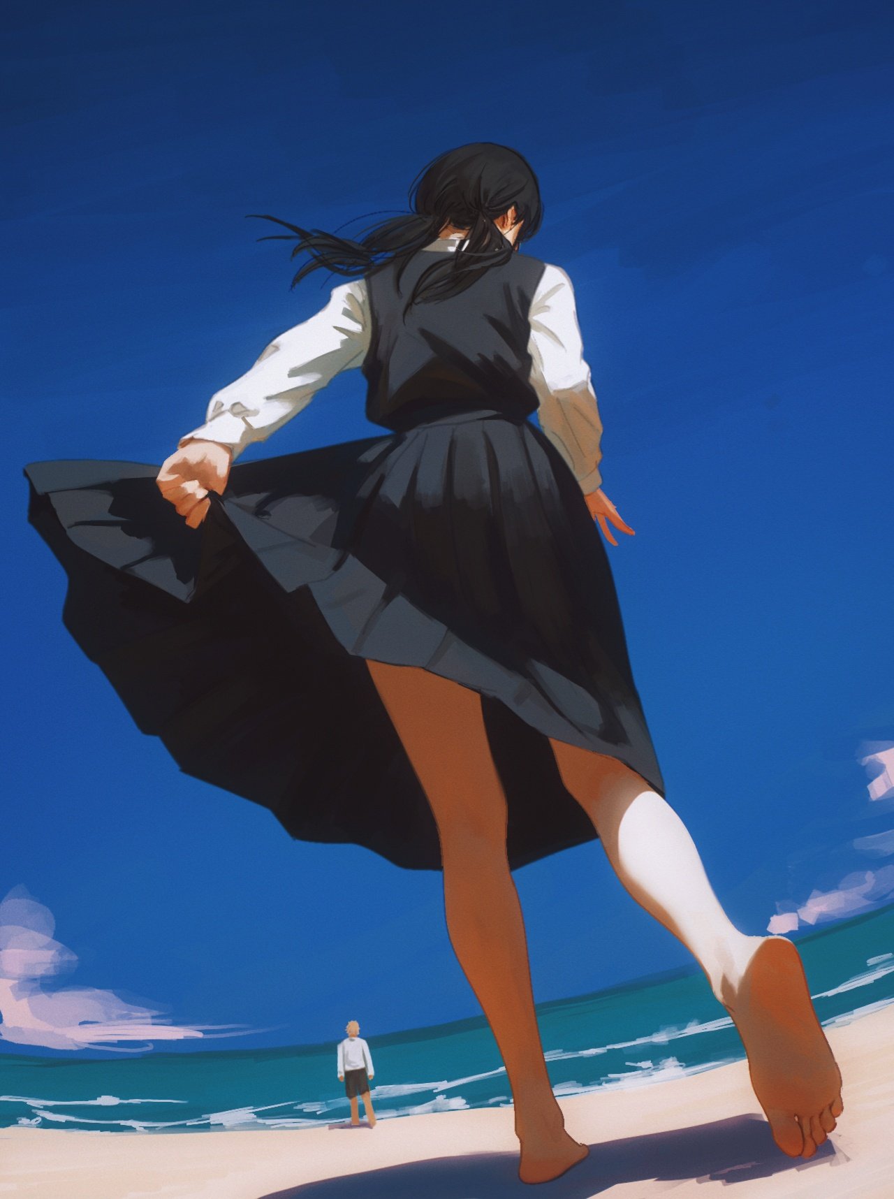 1girl, barefoot, beach, black_dress, black_hair, chainsaw_man, clothes_pull, clouds