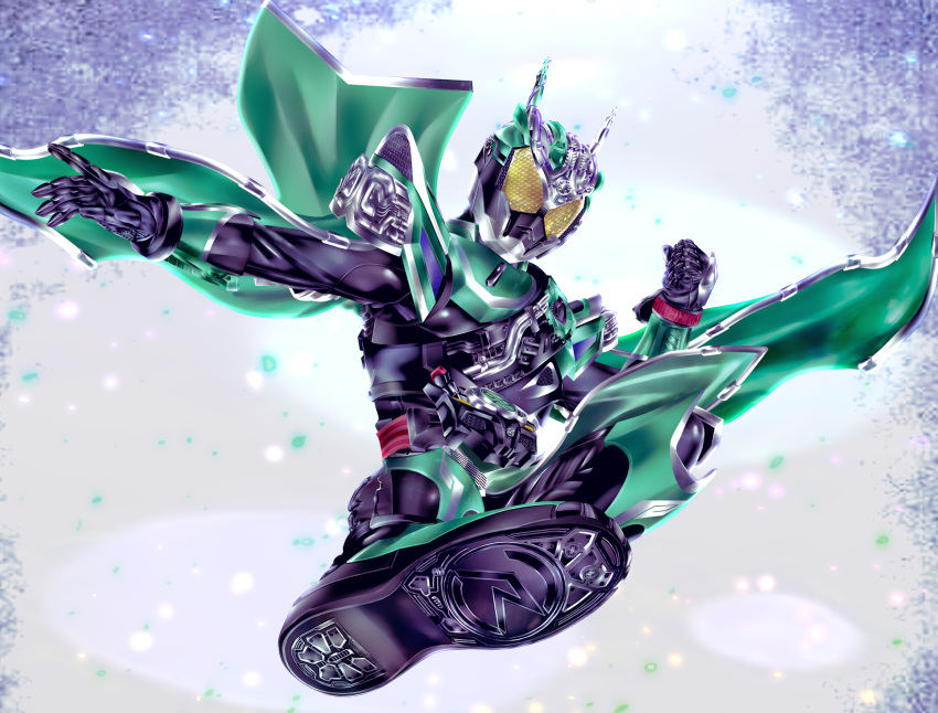1boy, armor, belt, black_bodysuit, bodysuit, cape, compound_eyes, drive_driver, driver_(kamen_rider), finishing_move, flying_kick, full_body, green_armor, green_cape, helmet, highres, kamen_rider, kamen_rider_brain, kamen_rider_drive_(series), kicking, kuzurx, male_focus, rider_belt, rider_kick, solo, tokusatsu