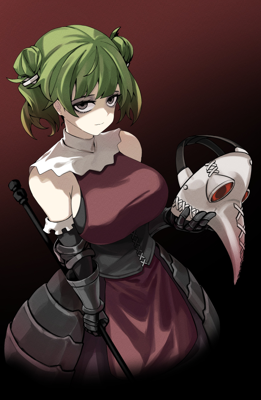 absurdres, black_eyes, corset, detached_sleeves, dress, gauntlets, green_hair, highres, holding, holding_mask, holding_staff, looking_at_viewer, mask, plague_doctor_mask, red_dress, shaded_face, staff, tatiana_(unicorn_overlord), unicorn_overlord, zanlyu