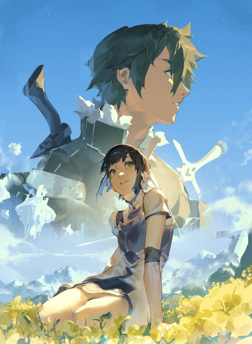1boy, 1girl, arm_support, armor, black_eyes, black_hair, blue_armor, blue_hair