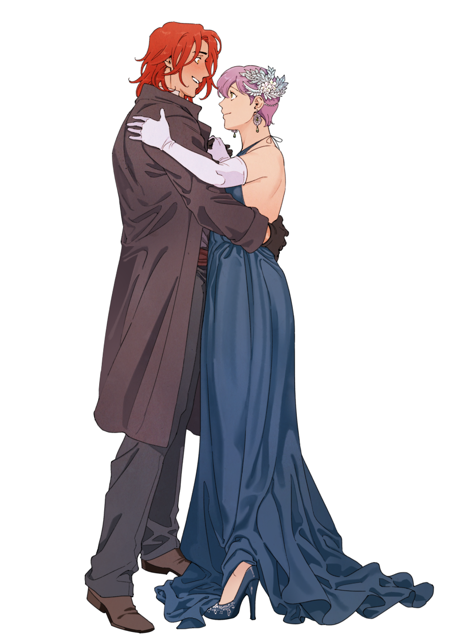 1boy, 1girl, 5altybitter5, :d, arm_around_waist, blue_dress, blue_footwear, blush
