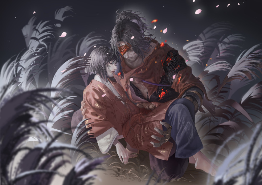 2boys, barefoot, black_hair, carrying, carrying_person, closed_eyes, closed_mouth, coat