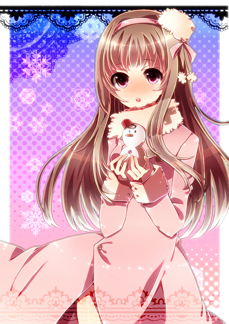 :o, brown_hair, coat, genderswap, hairband, hat, kanna-mika, long_hair, pink_eyes, ribbon, russia_(hetalia), snowman, solo