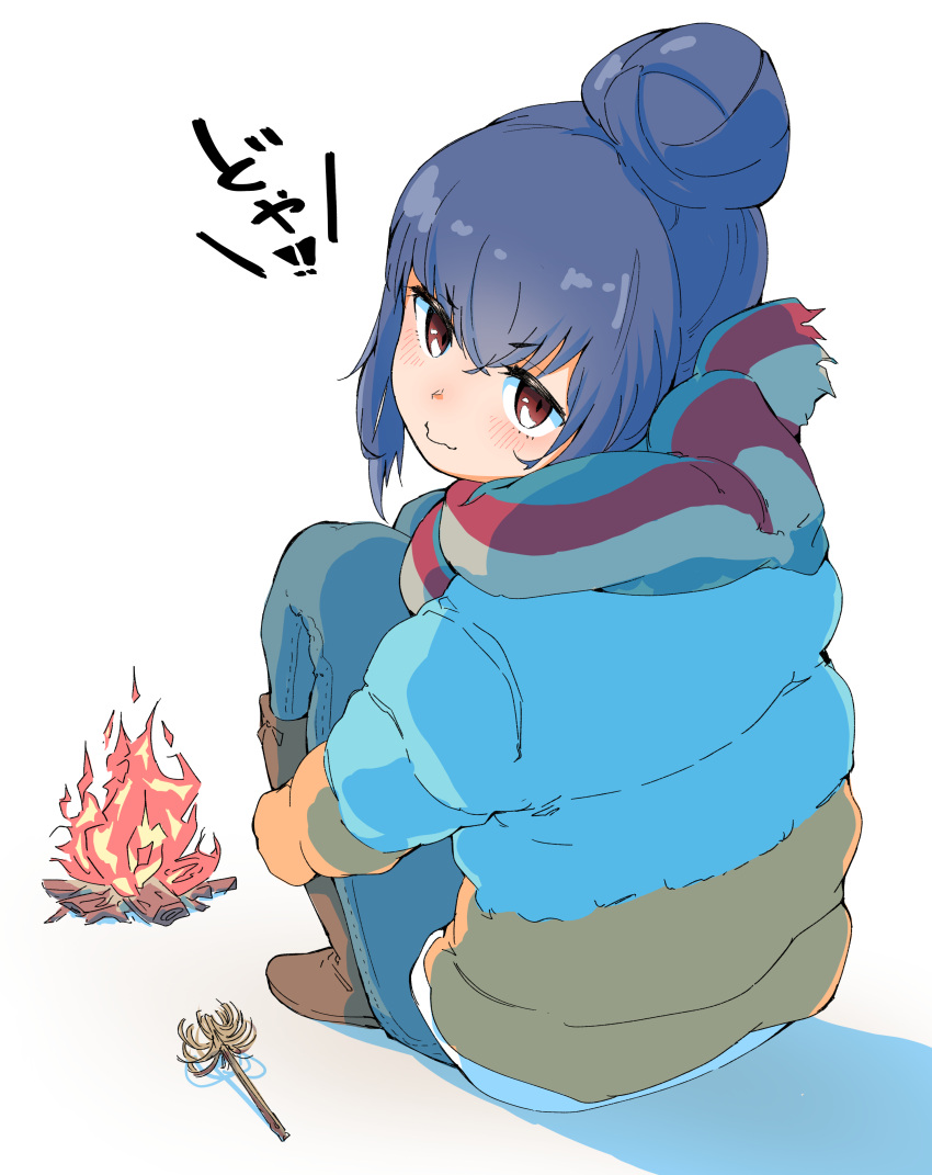 1girl, blue_eyes, brown_eyes, campfire, camping, coat, fire, flame