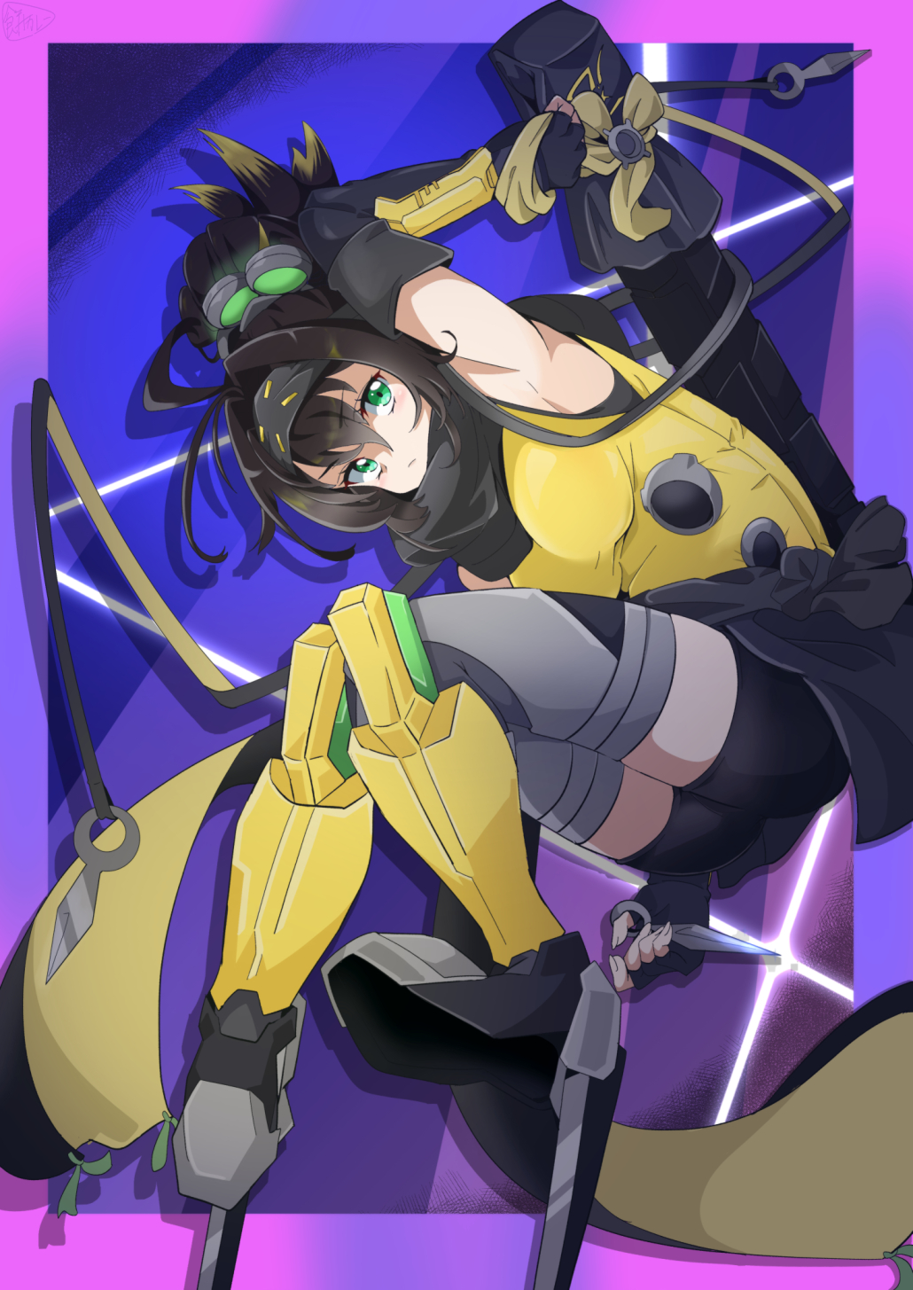 1girl, ahoge, bare_shoulders, black_hair, black_scarf, blonde_hair, breasts, duel_monster