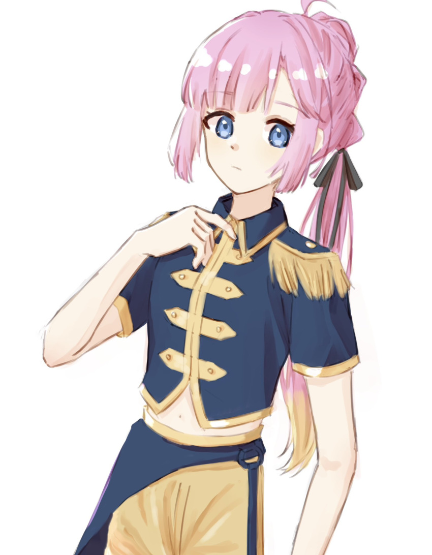 1girl, ahoge, amane61115, anyoji_hime, arm_at_side, black_ribbon, blonde_hair, blue_eyes