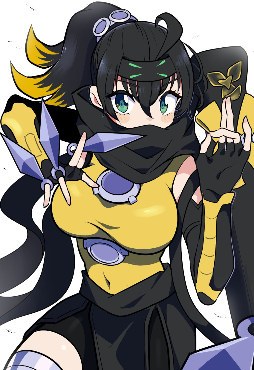 1girl, ahoge, bare_shoulders, black_hair, blonde_hair, breasts, duel_monster, elbow_gloves, forehead_protector, gloves, gradient_hair, green_eyes, highres, kunai, large_breasts, multicolored_hair, ninja, ponytail, s-force_rappa_chiyomaru, s:p_little_knight, sleeveless, sleeveless_turtleneck, solo, thigh-highs, turtleneck, wadatsumi_(sense11531153), weapon, yu-gi-oh!
