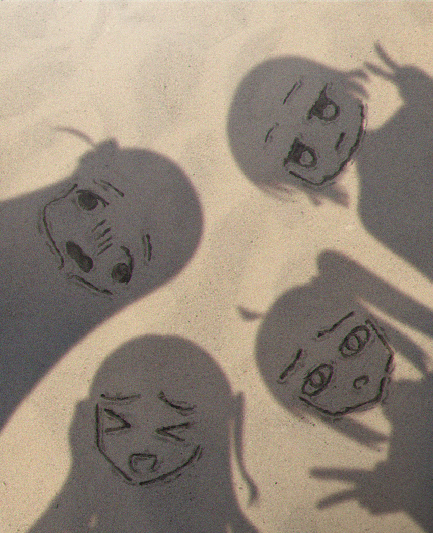 >_<, 4girls, @_@, absurdres, bocchi_the_rock!, drawing_(object), gotoh_hitori, hashtag-only_commentary, highres, ijichi_nijika, jitome, jongho_bak, kita_ikuyo, multiple_girls, one_side_up, outdoors, sand, sand_art, shadow, side_ponytail, v, yamada_ryo