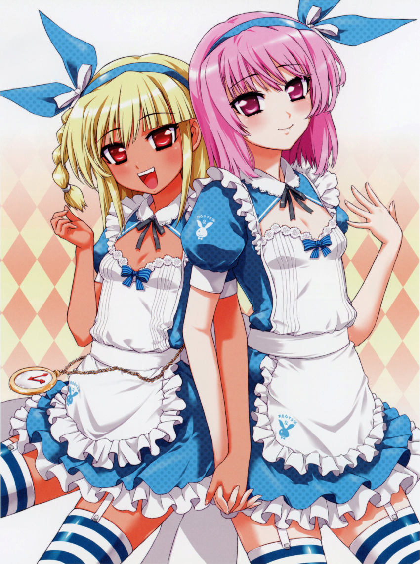 2girls, absurdres, apron, beatmania_iidx, blonde_hair, braid, breasts, dark-skinned_female