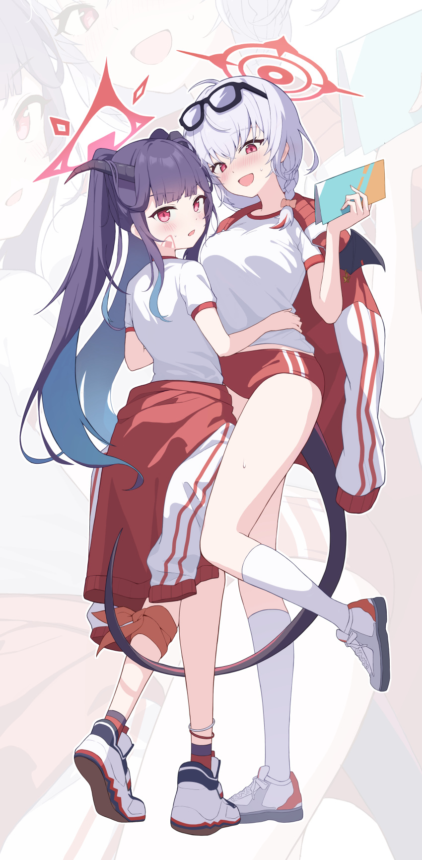 2girls, absurdres, black_hair, black_horns, black_tail, blue_archive, braid, breasts