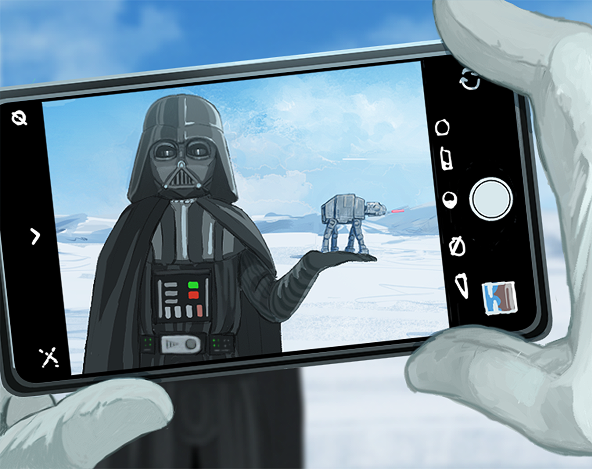 1boy, amor, at-at, black_cape, blue_sky, cape, cellphone, clouds, cloudy_sky, darth_vader, forced_perspective, gloves, happy, helmet, male_focus, mosuke_2, phone, pov, pov_hands, sky, snow, snowtrooper, solo_focus, standing, star_wars, star_wars:_the_empire_strikes_back, taking_picture, white_gloves