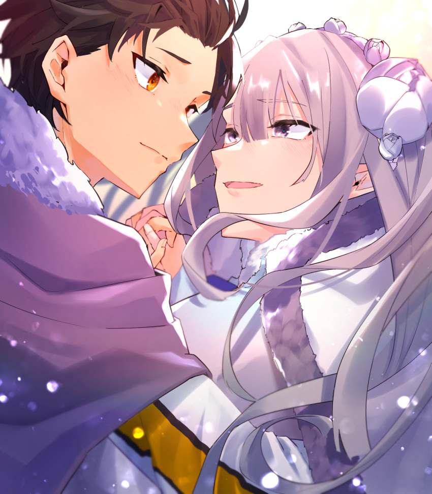 1boy, 1girl, black_hair, brown_eyes, capelet, dancing, dress, elf