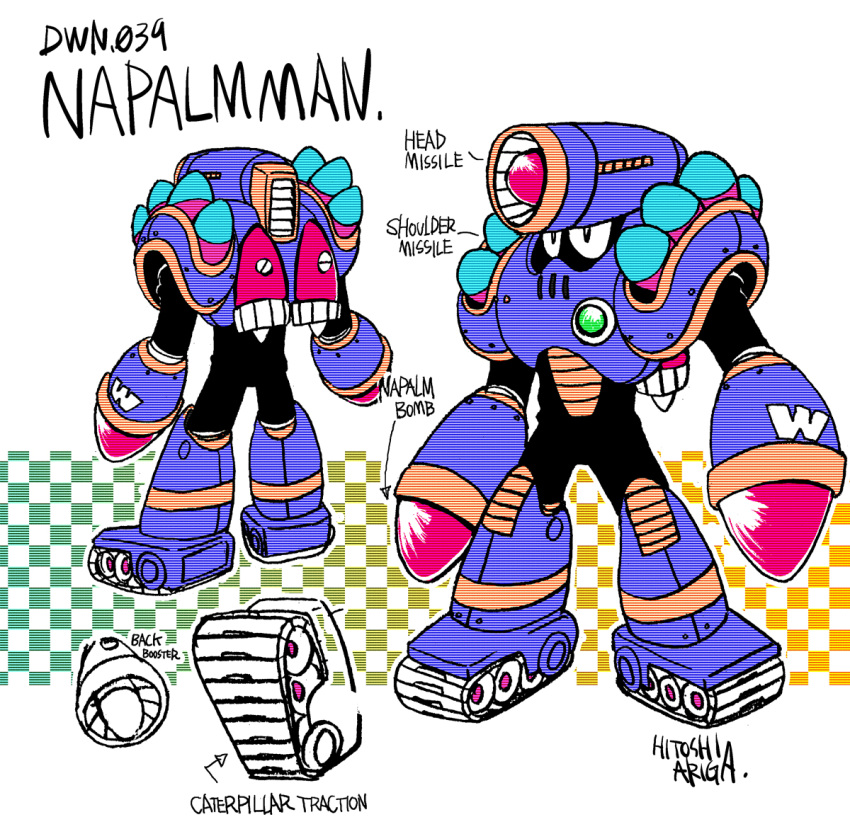 1boy, aqua_background, ariga_hitoshi, arm_cannon, armor, arrow_(symbol), artist_name, black_bodysuit, bodysuit, boots, caterpillar_tracks, character_name, checkered_background, chest_armor, chest_jewel, commentary, concept_art, dual_arm_cannons, english_text, from_behind, full_body, gem, gradient_background, green_gemstone, helmet, humanoid_robot, knee_boots, looking_ahead, male_focus, mega_man_(classic), mega_man_(series), mega_man_5, mega_man_megamix, missile, multiple_views, napalm_man, no_humans, purple_armor, purple_footwear, reference_sheet, robot, scanlines, screw, shoe_soles, shoulder_armor, simple_background, standing, tank_(container), three_quarter_view, turnaround, weapon, white_background, yellow_background